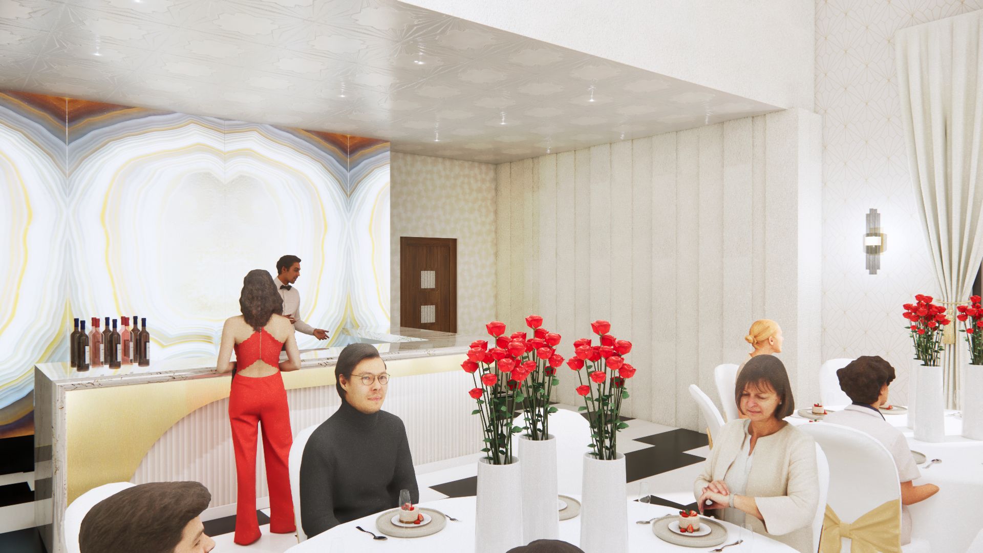 Restaurant interior: people dining, bar with a woman in red, red roses, and a decorative wall.