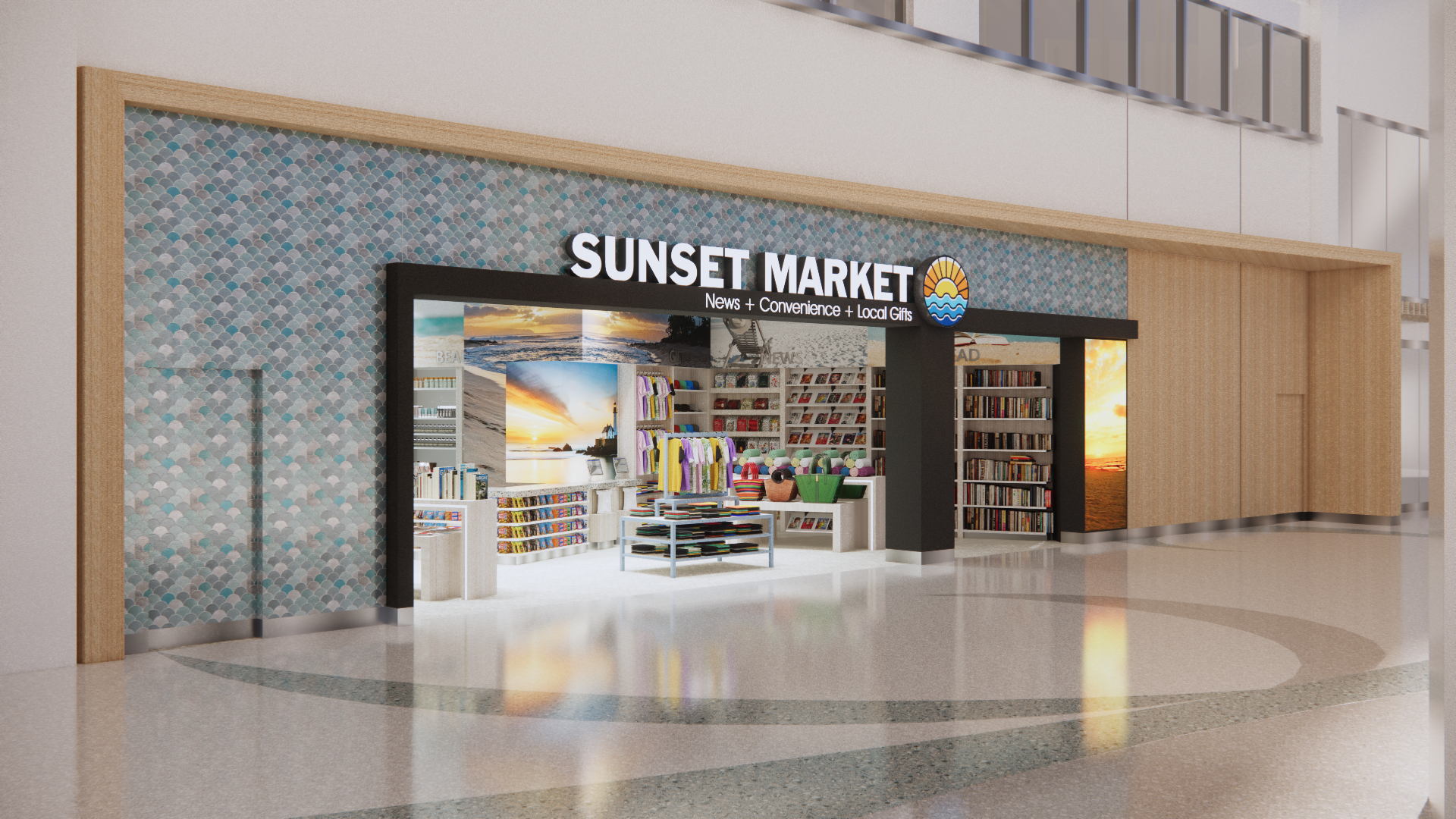 Sunset Market storefront in a bright, modern airport setting with merchandise on display.