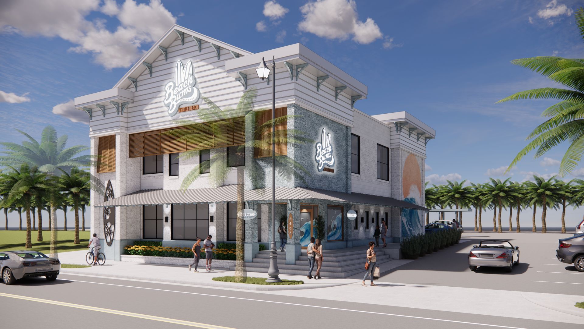 Two-story building with colorful murals, palm trees, people on street, and parked cars under a blue sky.