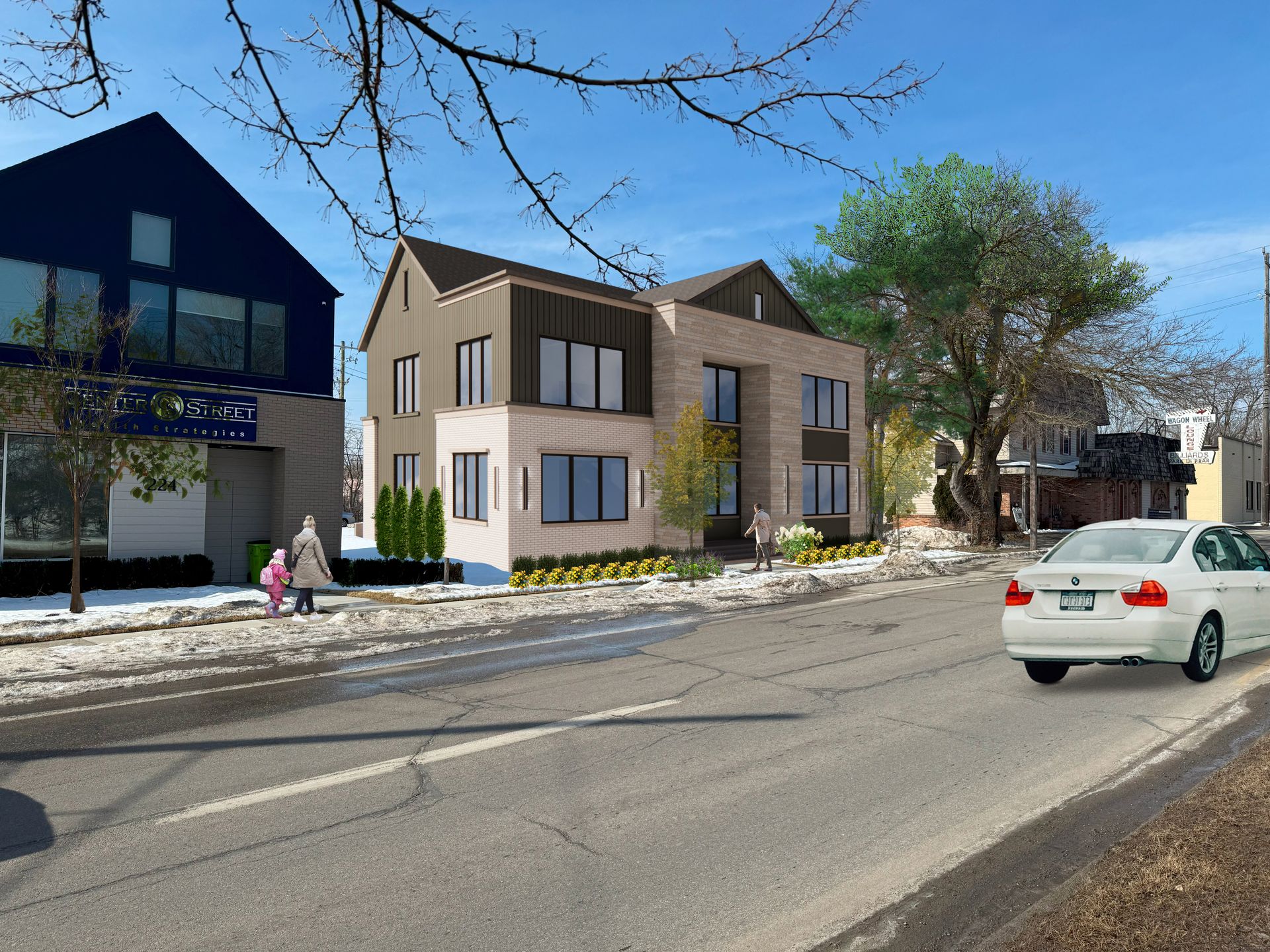 Street view of modern houses; people walk on the sidewalk, a car drives by.