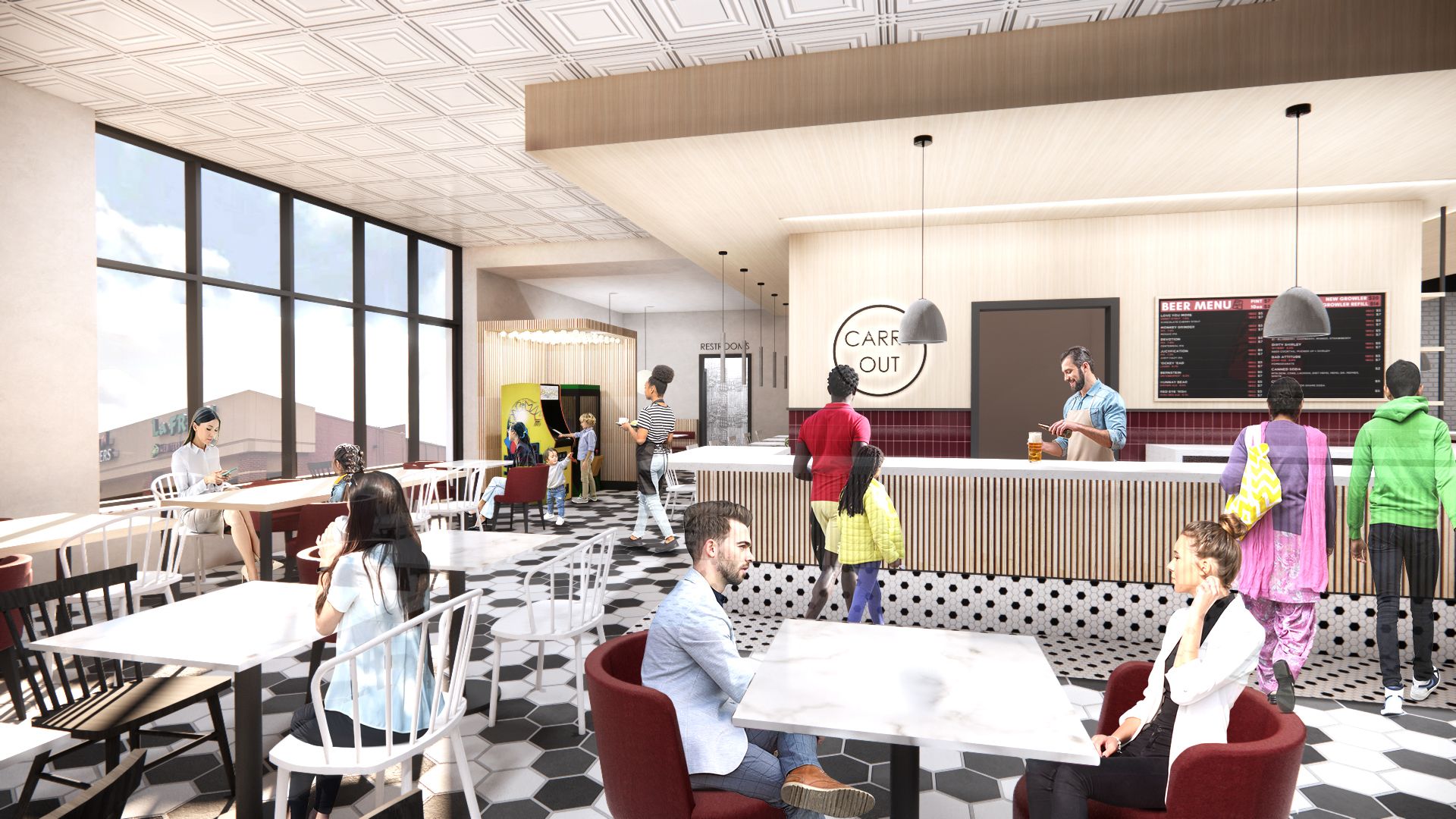 Cafe interior with customers, bar, tables, and large windows; diverse group of people.