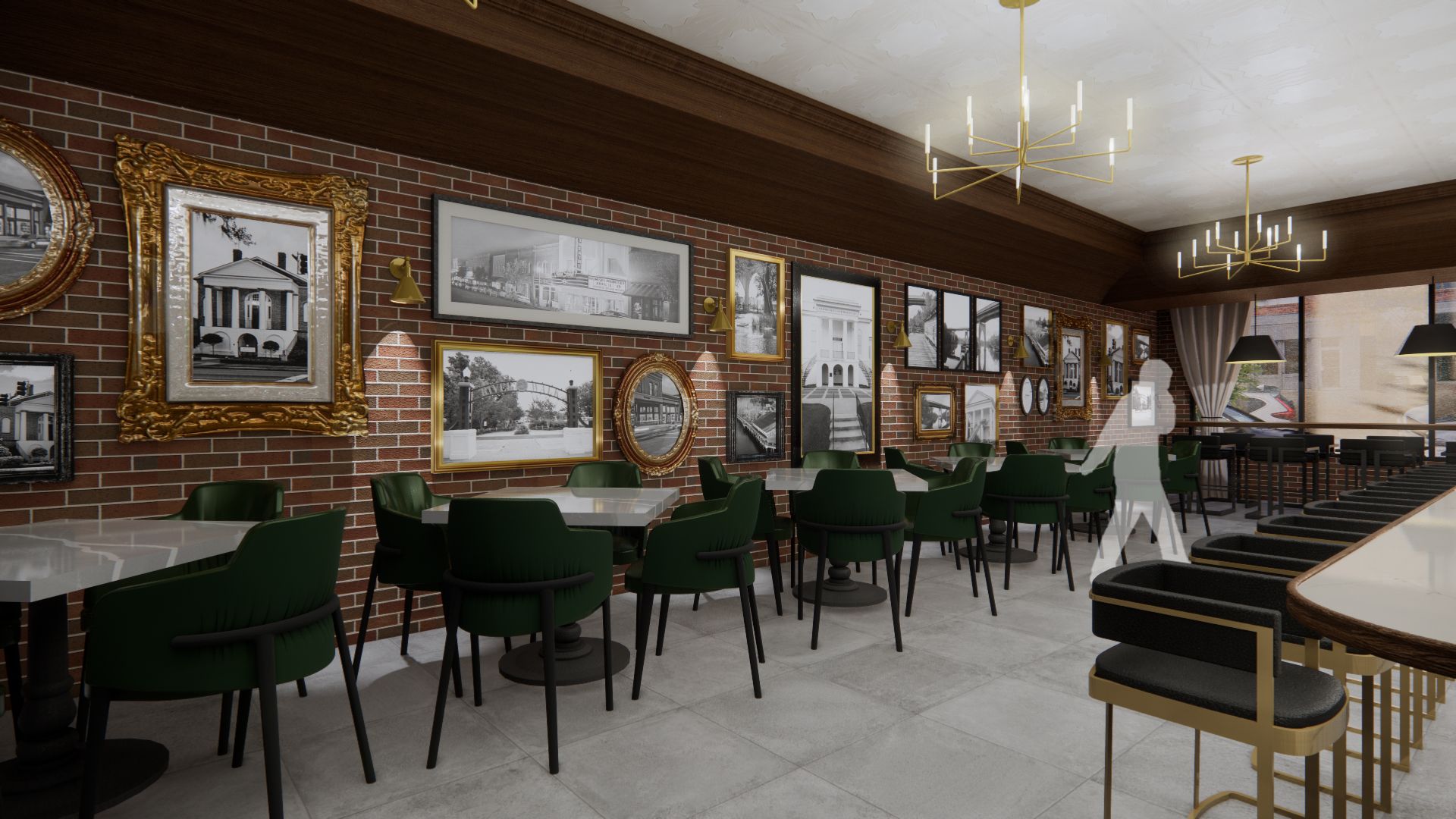 Interior of a restaurant with brick walls, green chairs, framed photos, and a bar with stools.