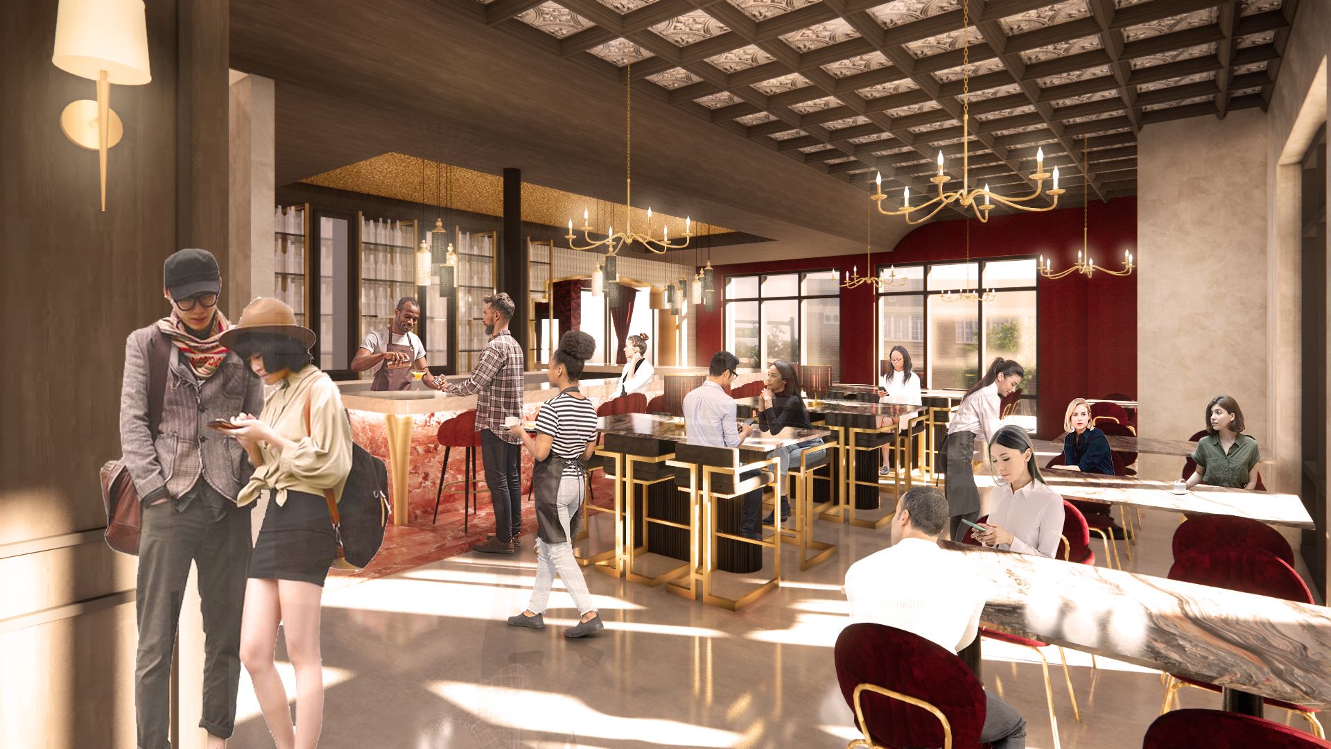 Interior of a modern lounge: people socialize, work at tables; red accents; gold fixtures; large windows.