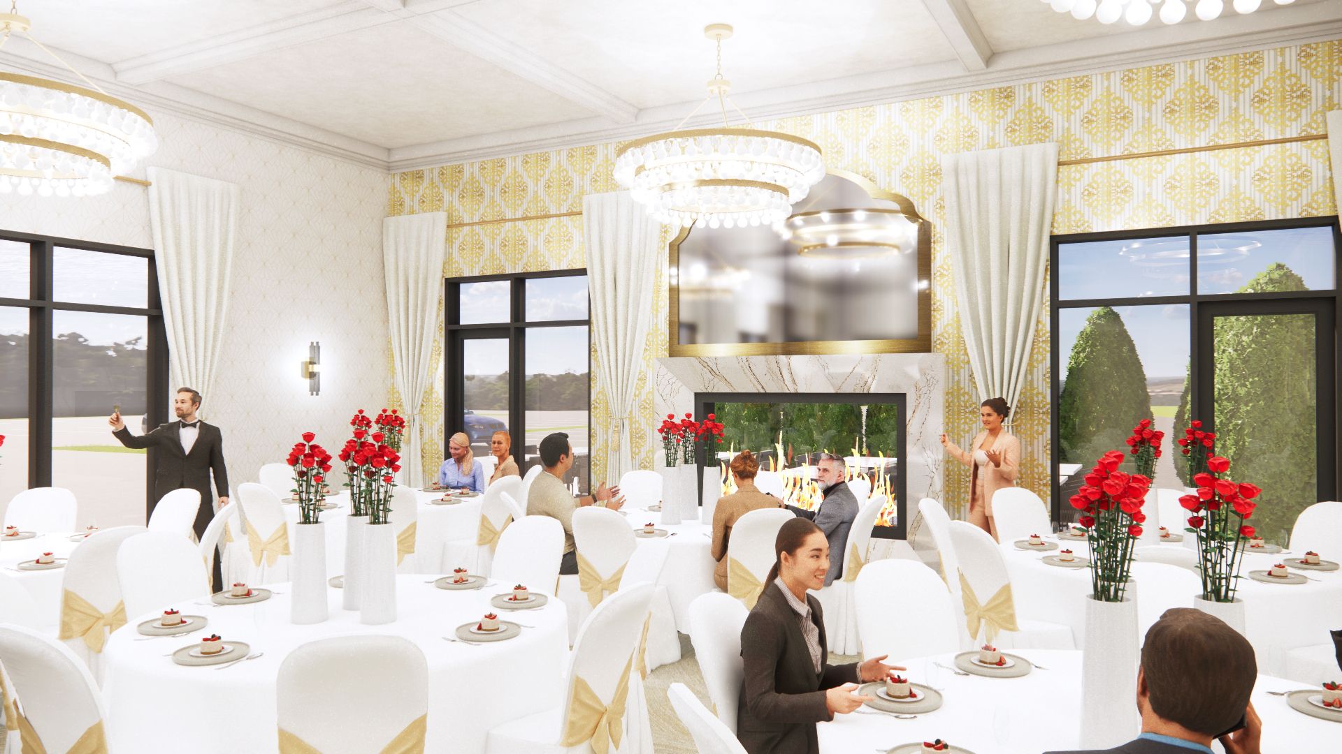 Elegant banquet hall with people seated at round tables, decorated with red flowers, gold accents, and large chandeliers.