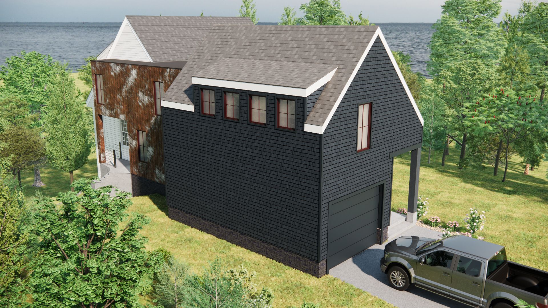 Black house with white trim, a truck in the driveway, and ivy on the wall.