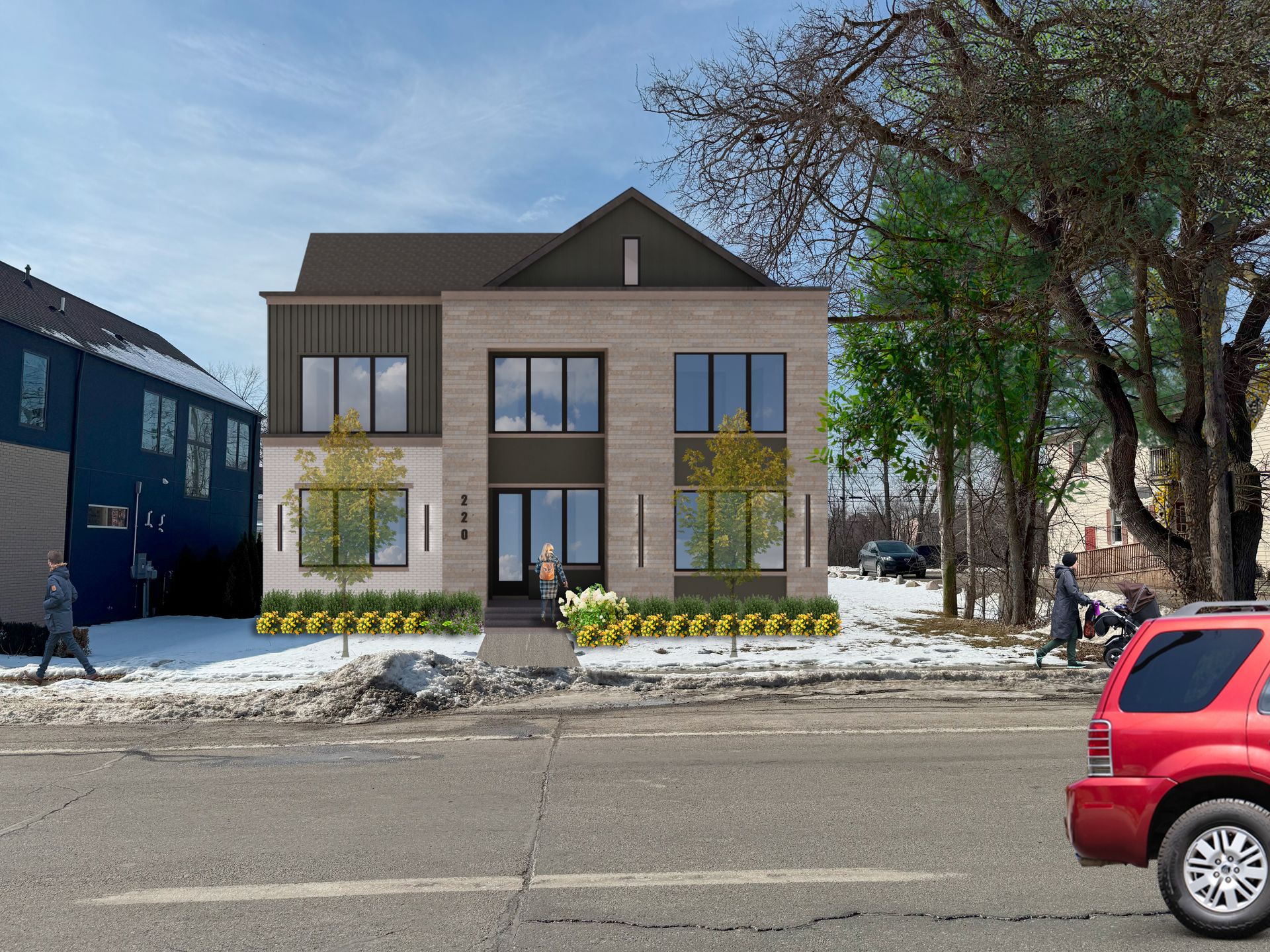 Modern two-story home with brick facade, dark accents, small front yard with flowers, on a city street. A red SUV is in the foreground.