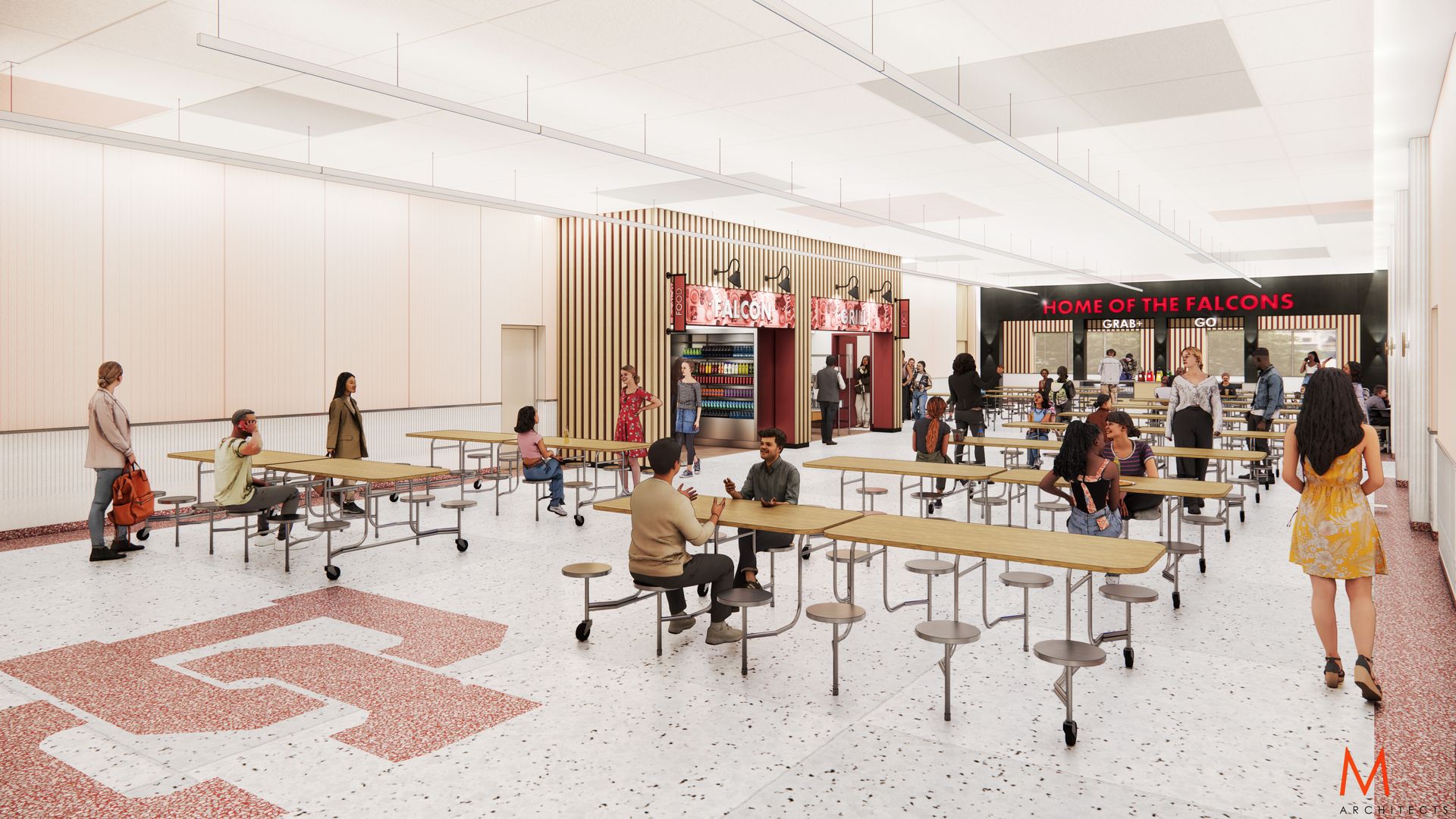 Rendering of a school cafeteria with tables, students, and food vendors. Red and white color scheme.