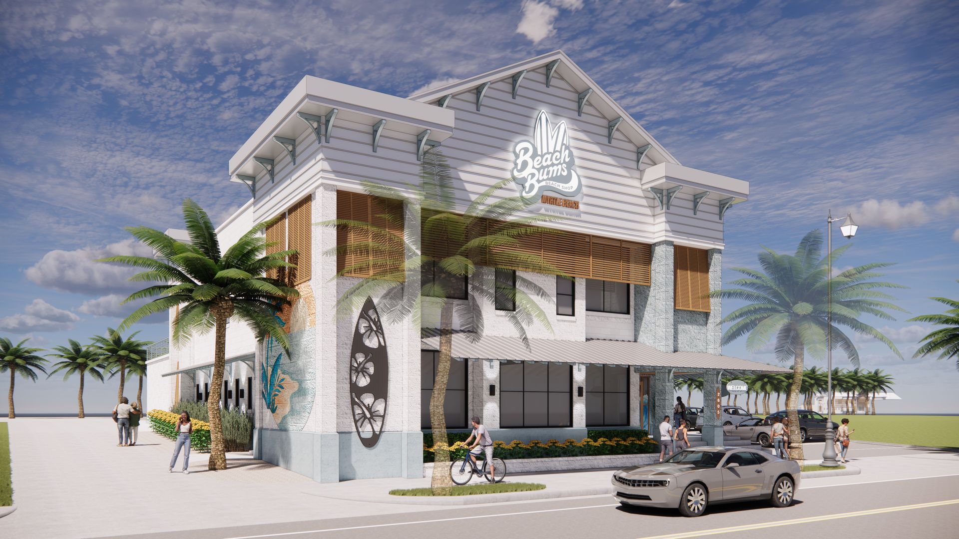 Coastal restaurant rendering with palm trees, a surfer mural, and parked car.