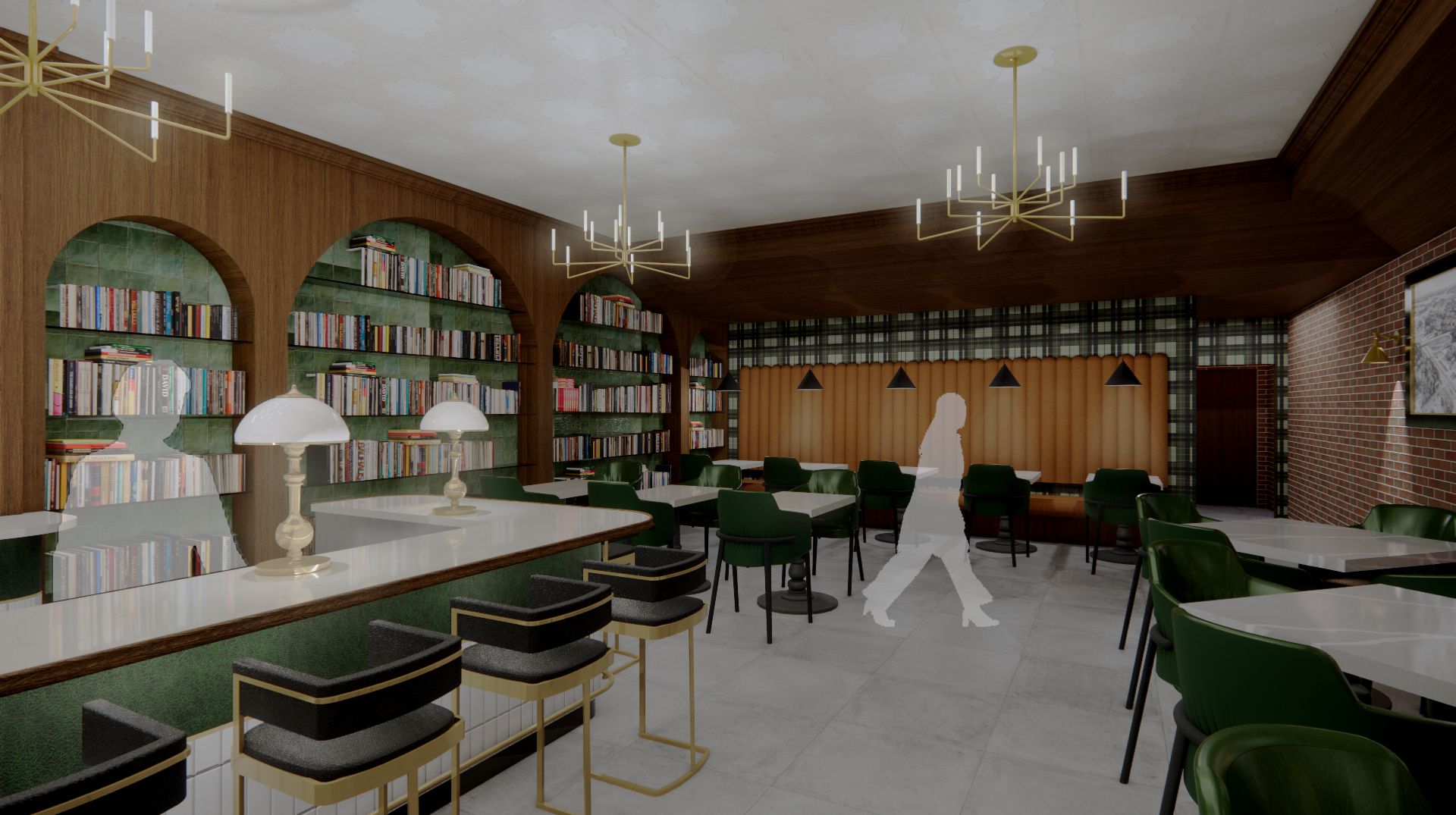A library bar with arched shelves, emerald chairs, and gold chandeliers. A person walks through the room.