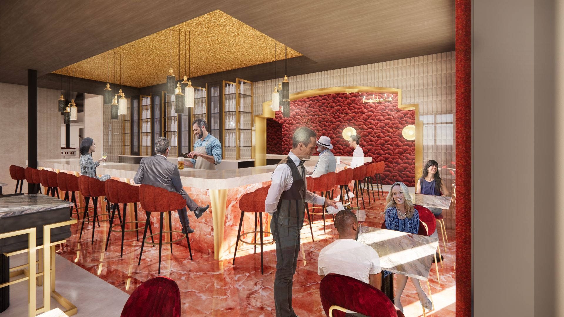 Interior view of a bar with patrons and a bartender. Red and gold accents.
