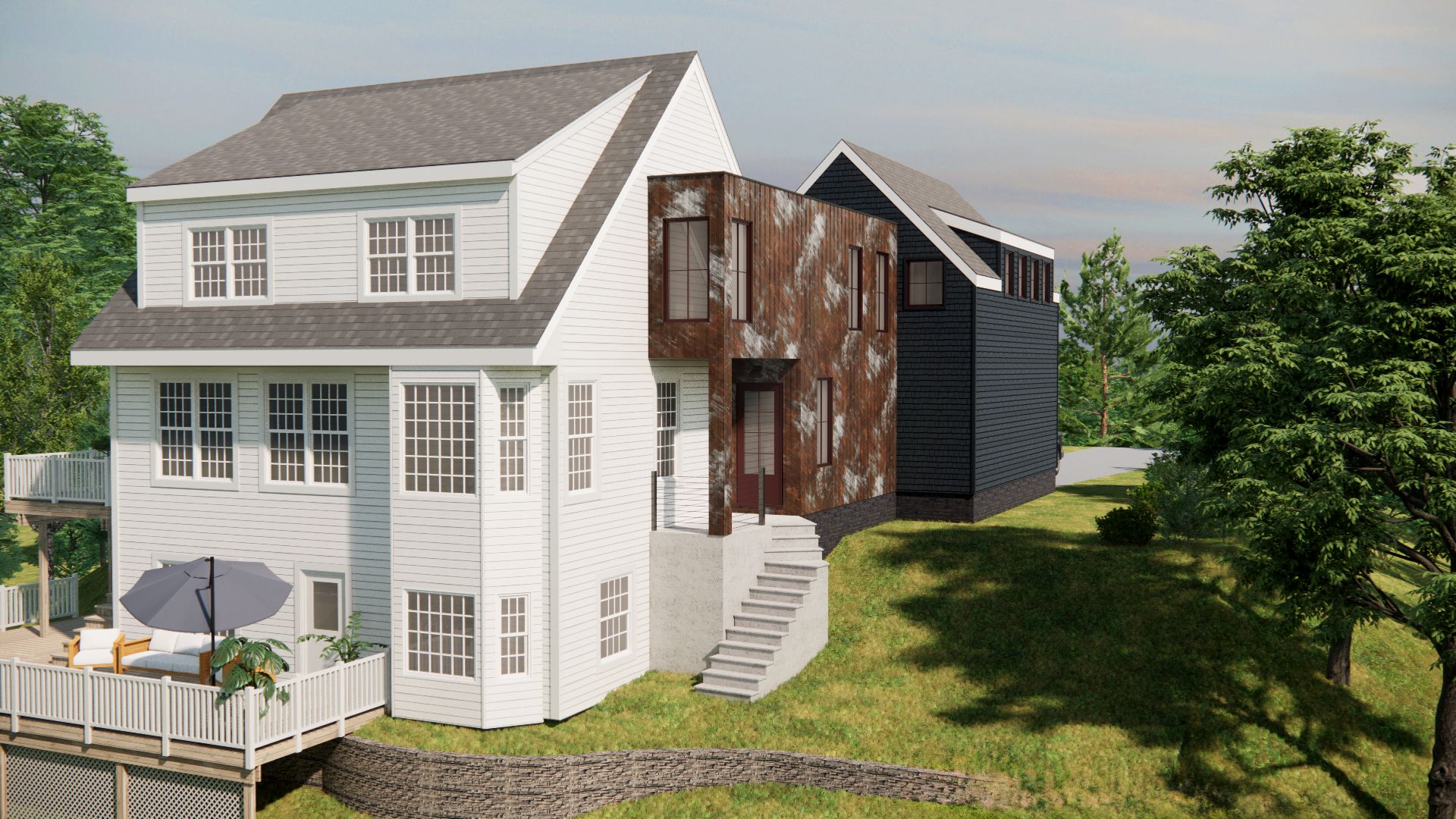 A modern house with white siding, a rusted metal section, and a deck in a wooded setting.