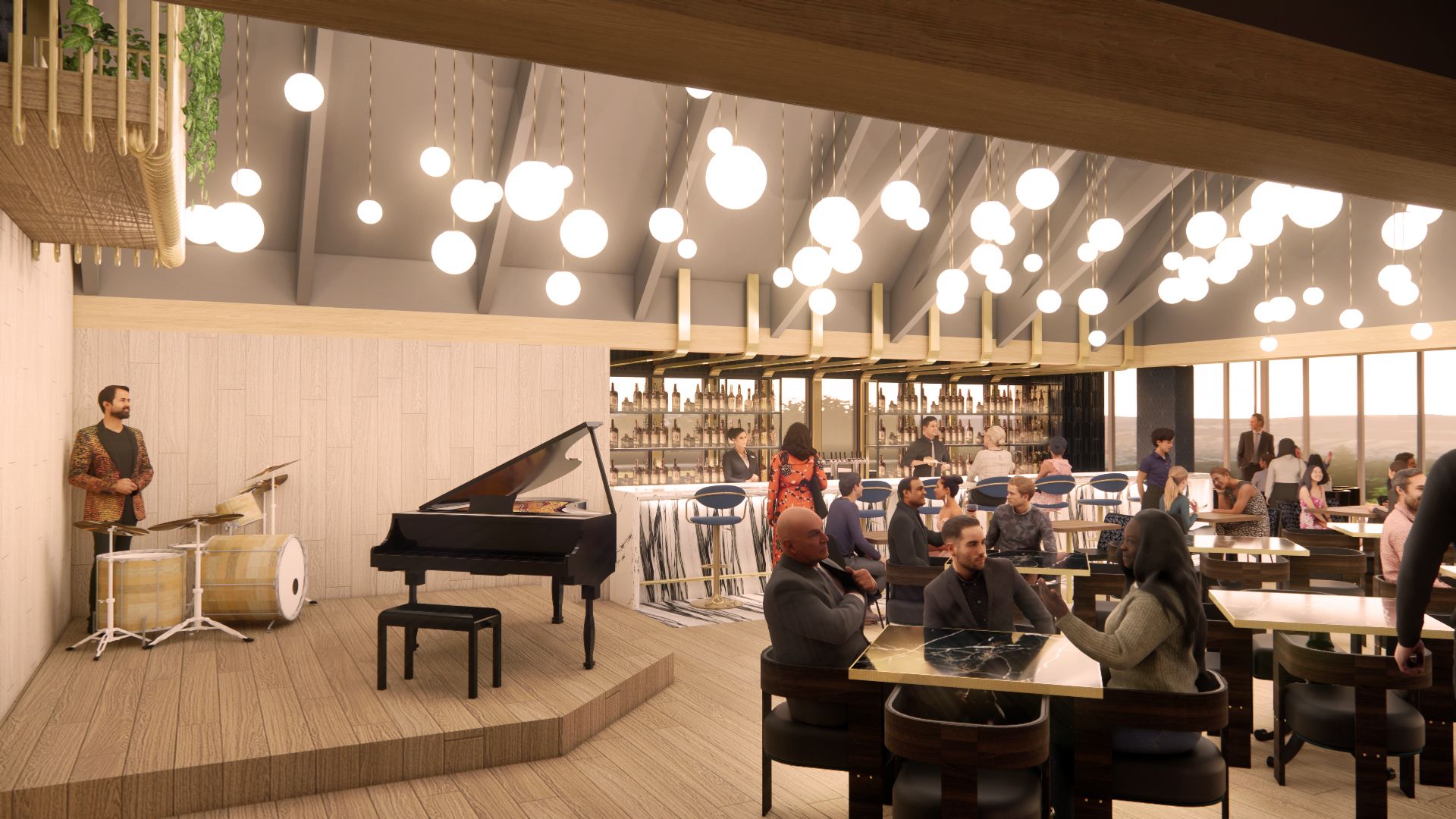 Jazz club interior: band on stage, grand piano, bar, tables of patrons, strings of lights, wood tones.