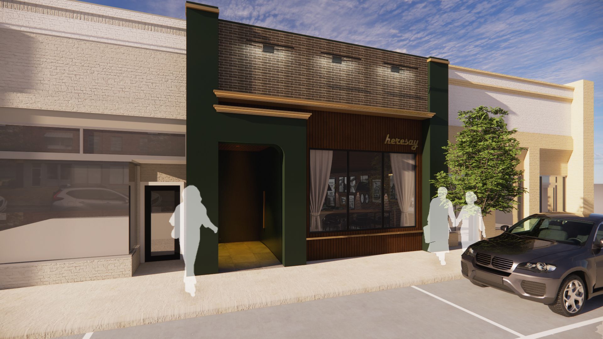 Rendering of a store with a green facade and wooden accents, people on the sidewalk, and a car parked nearby.