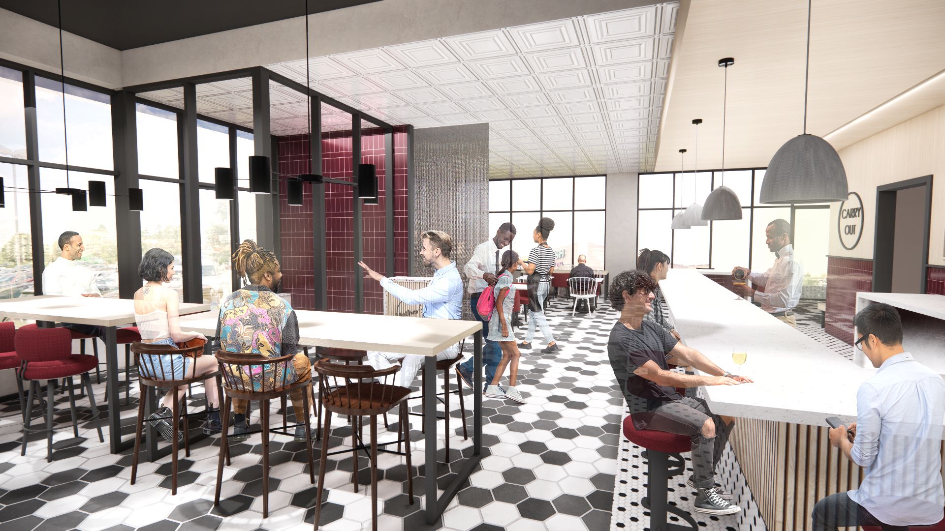 Restaurant interior with patrons. Tables, bar with stools, black hexagon floor tiles, red accents.