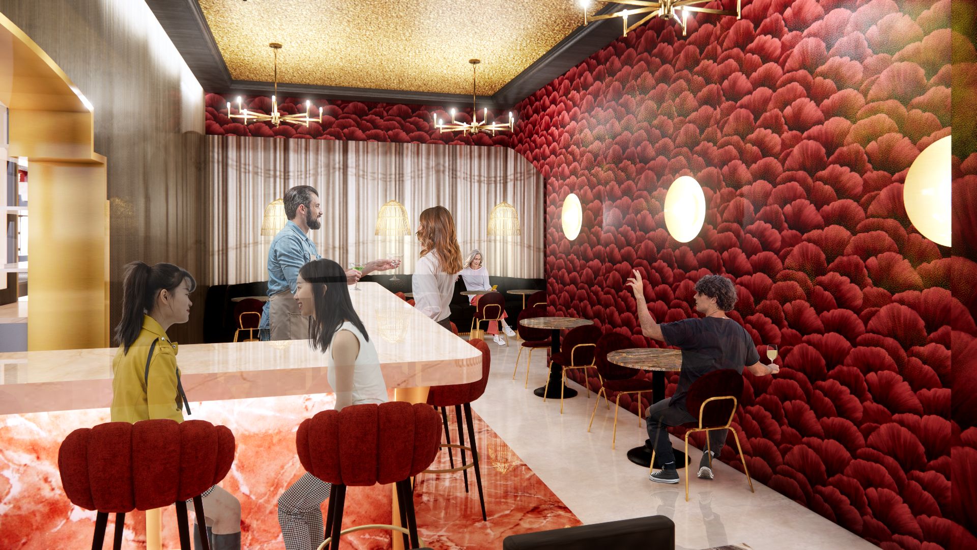 Bar interior with patrons. Red floral wallpaper, marble bar, people drinking and socializing.