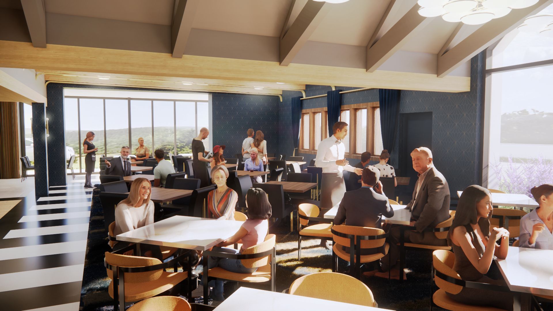 Interior of a busy dining area with people seated at tables, natural light, and modern decor.
