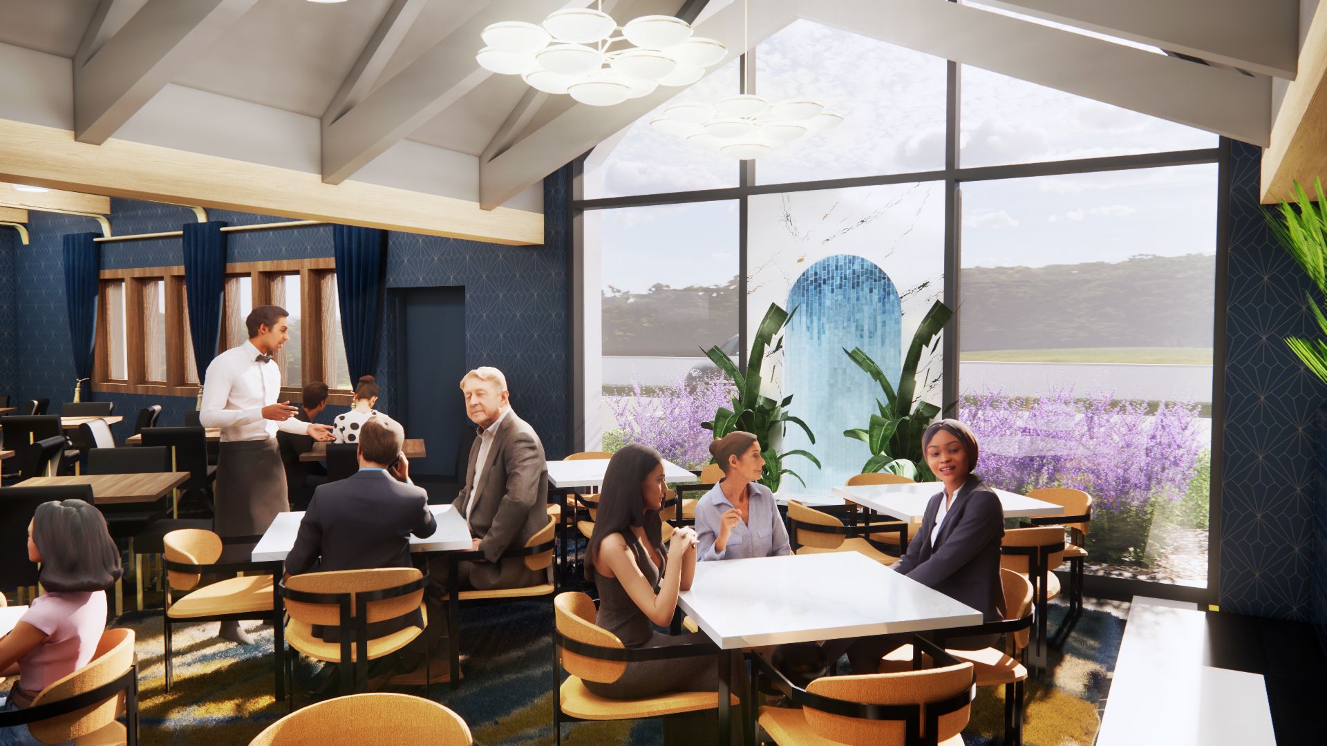 A group of people are sitting at tables in a restaurant.