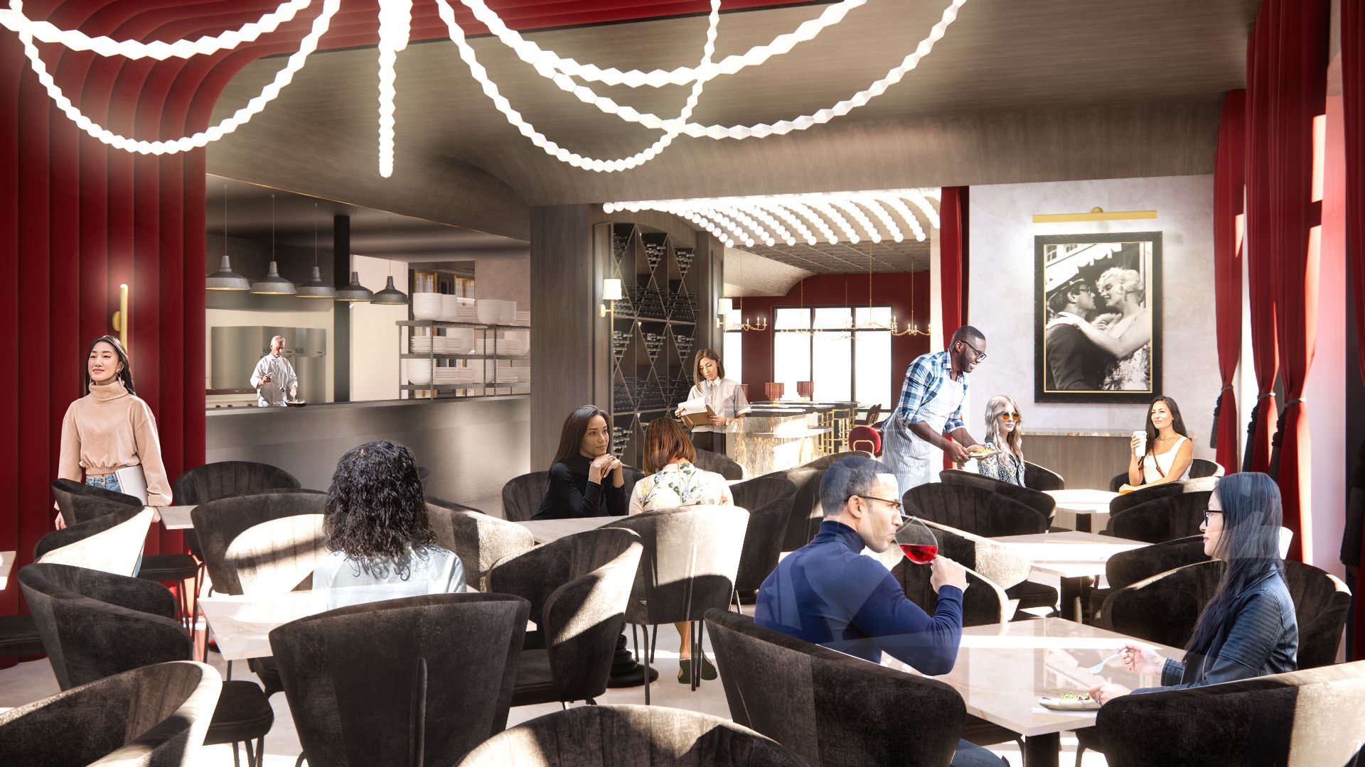 People seated at tables in a stylish restaurant. Red drapes, white lighting, and a bar area are visible.