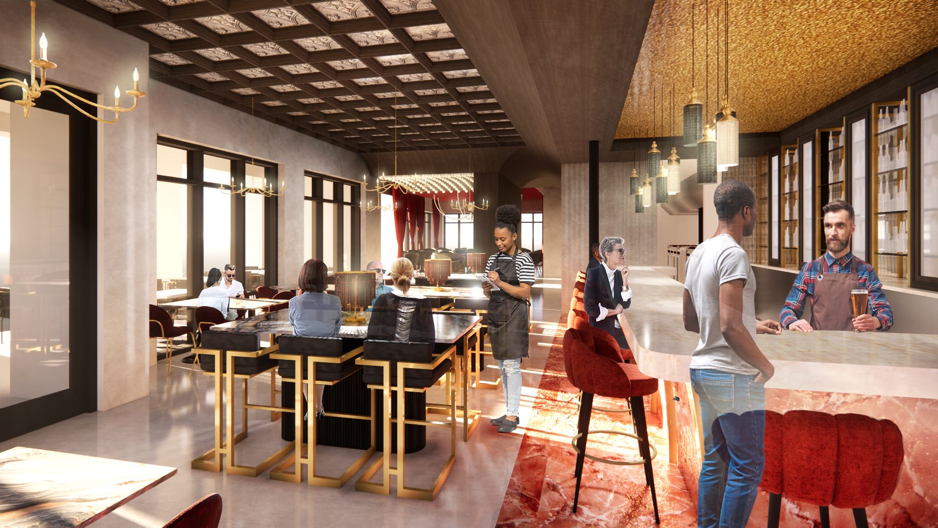 Interior of a modern bar. People seated at bar and tables. Gold accents, red chairs, and open windows.