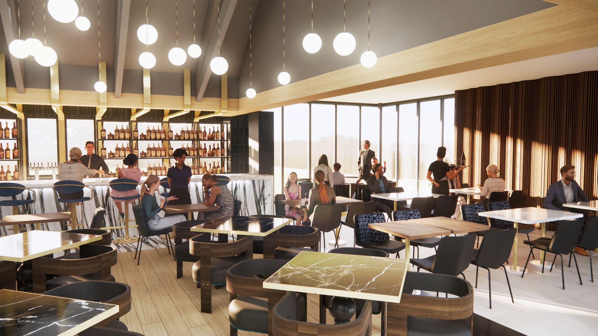 Interior of a bar/restaurant with customers at tables, bar with bartenders. Bright with large windows.