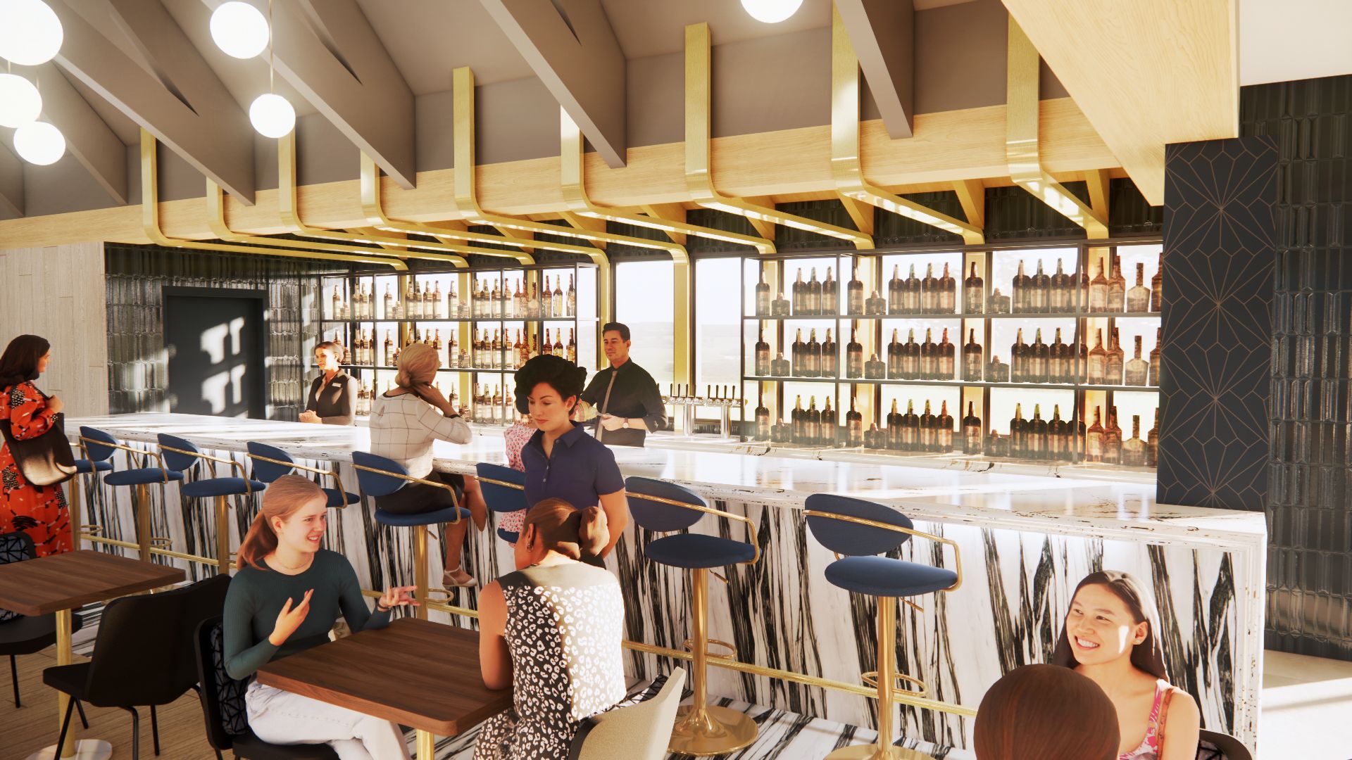 Bar interior with patrons. People seated at bar and tables, bartenders behind bar. Warm lighting, wood accents, bottles displayed.