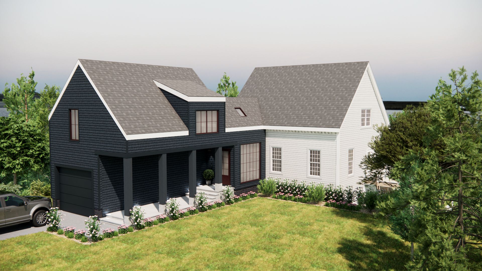 Modern house with dark siding on one section and white siding on another, green yard, and a vehicle.