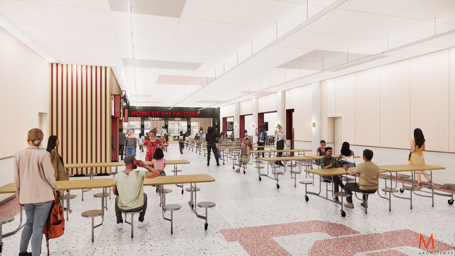 School cafeteria with students seated at tables, with red and white accents.