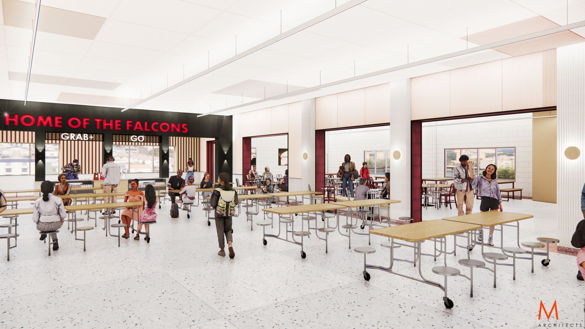 Interior rendering of a school cafeteria with red and white accents, students, and the text