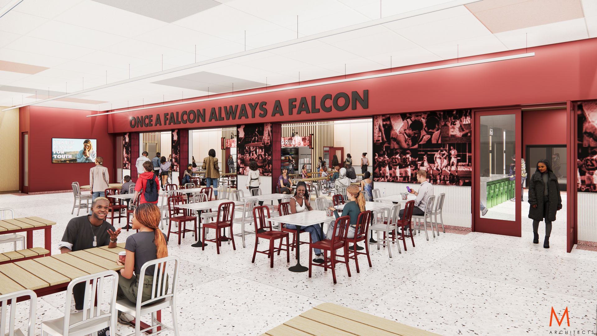 Interior rendering of a school cafeteria, maroon accents, students seated at tables, 