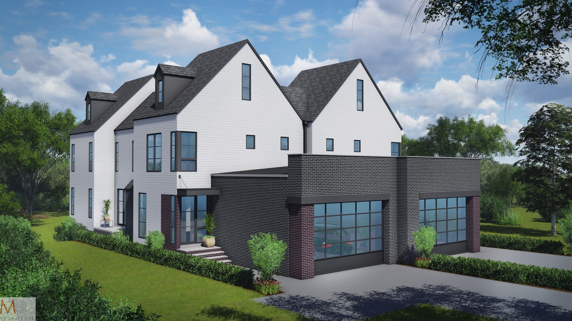 An artist 's impression of a white house with black roofs