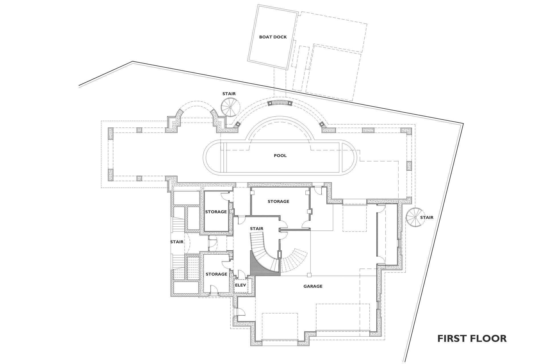 First floor architectural plan. Shows rooms, pool, and surrounding property.