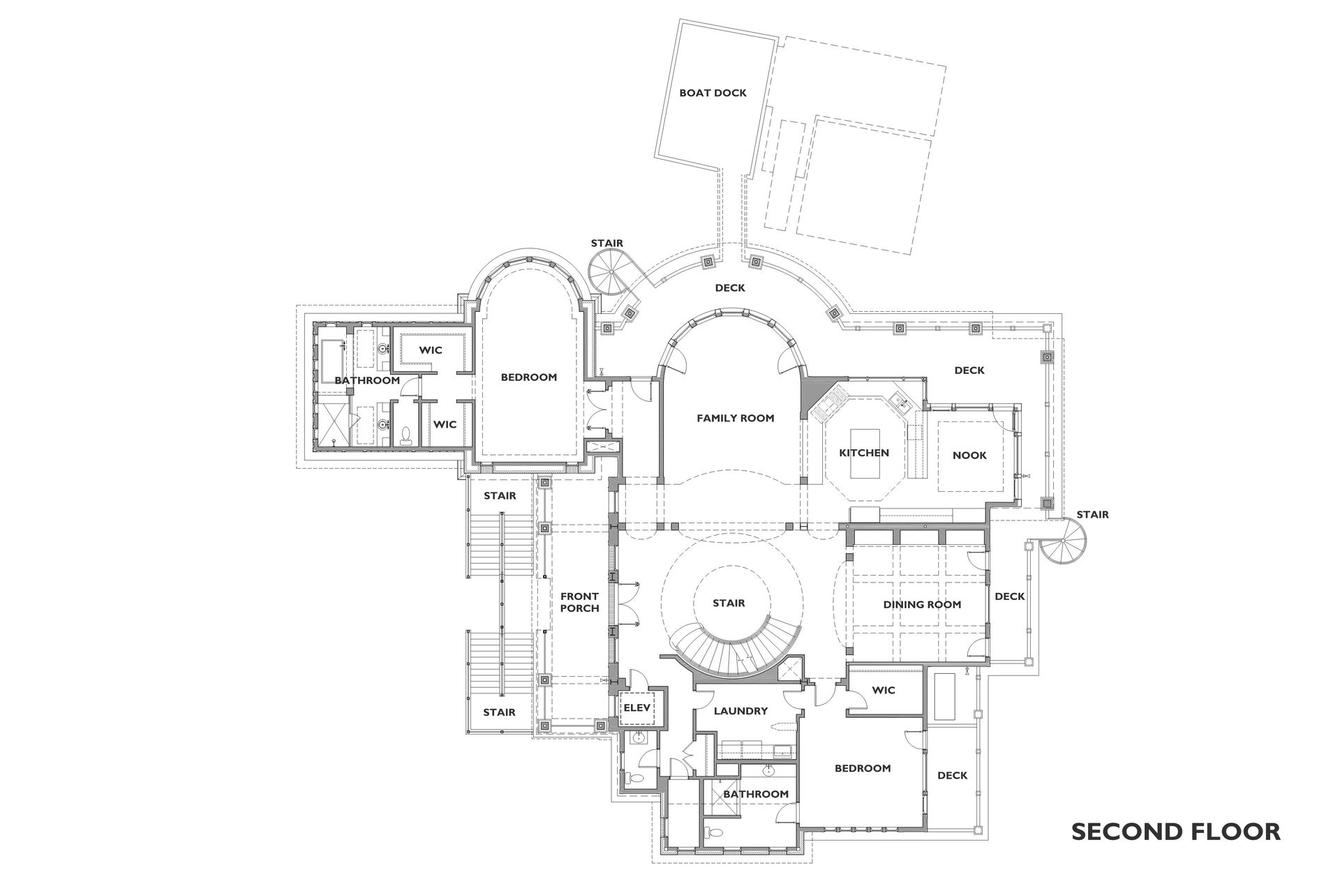 Architectural floor plan of a second floor, featuring various rooms with labels, and an attached outdoor area.