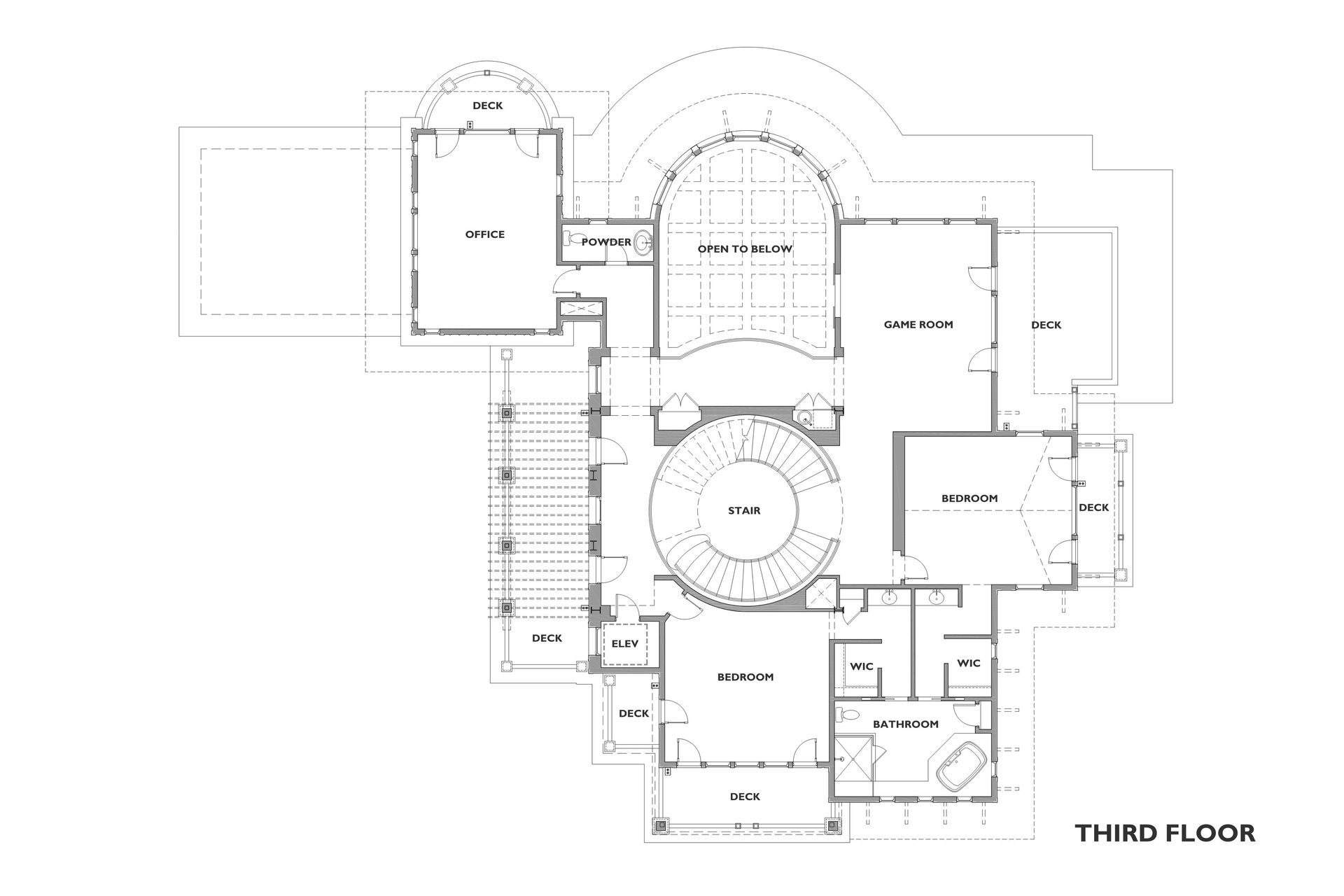 Third floor architectural plan of a house, showing rooms, stairs, and layout in black and white.