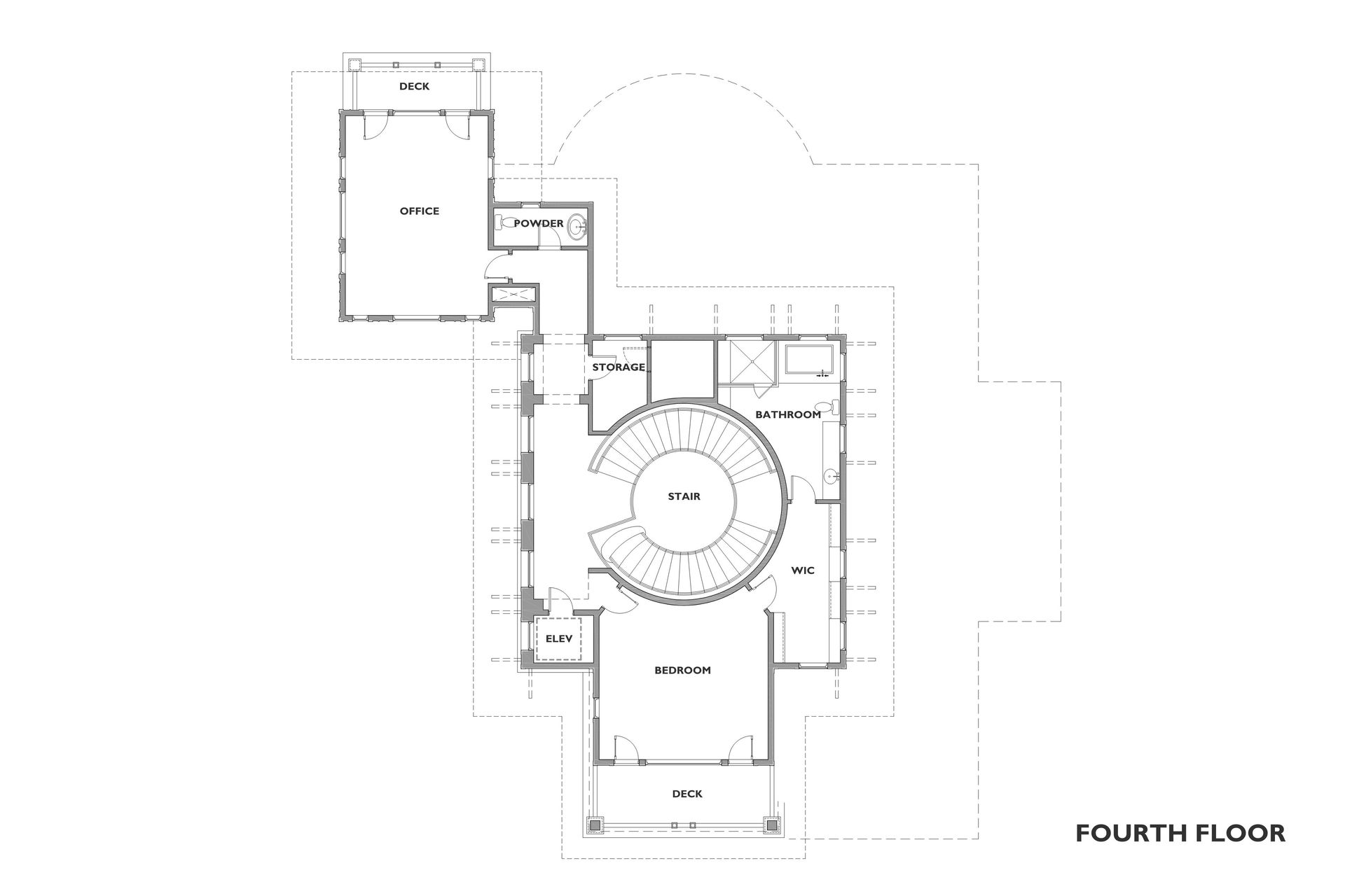 Floor plan of a building's fourth floor; shows the layout of rooms including bedrooms, hallways, and a central circular staircase.