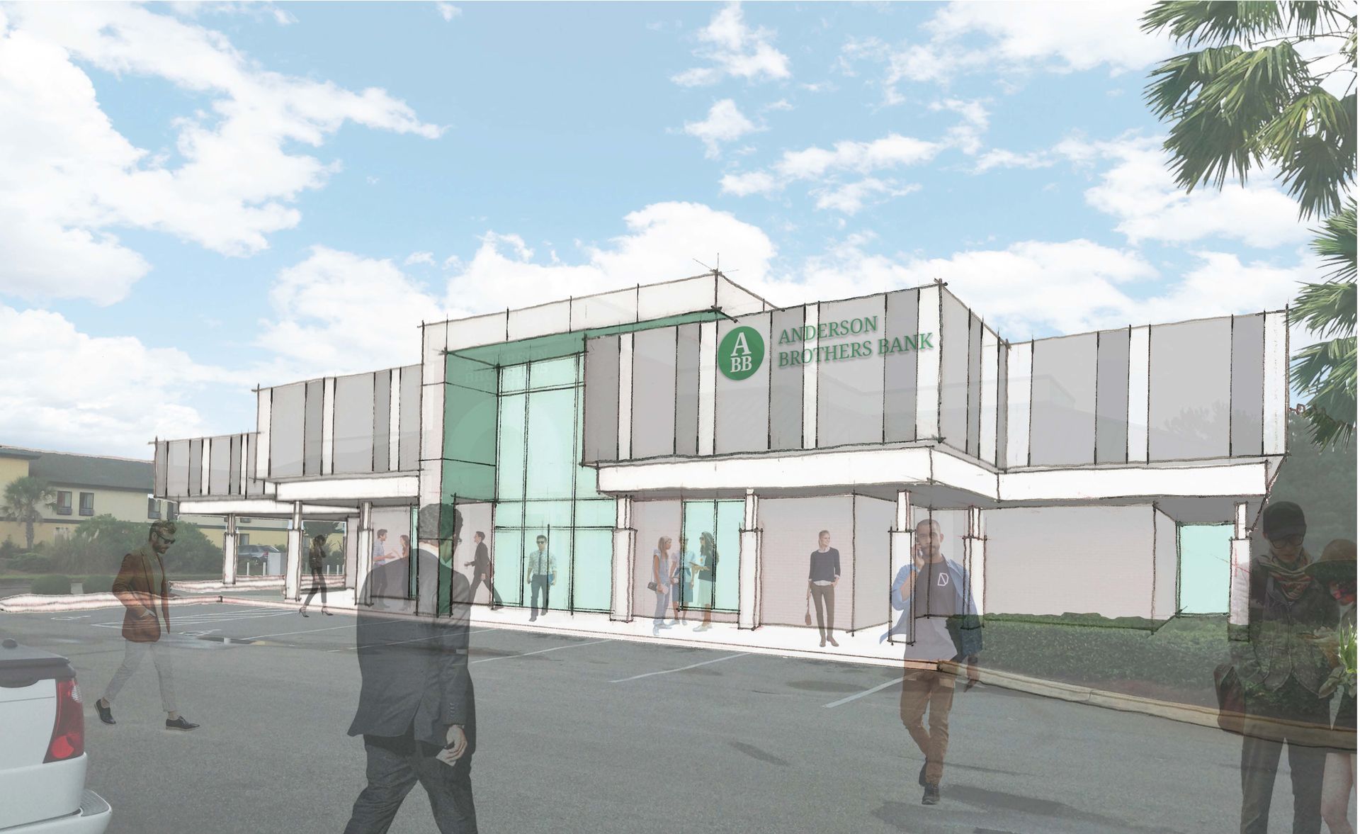 Architectural rendering of a bank building; people walking nearby. Green logo visible. Grey and white exterior.