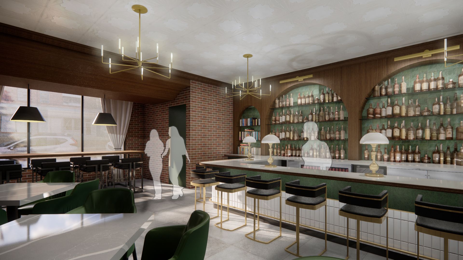 An artist 's impression of a restaurant with a long bar , tables and chairs.