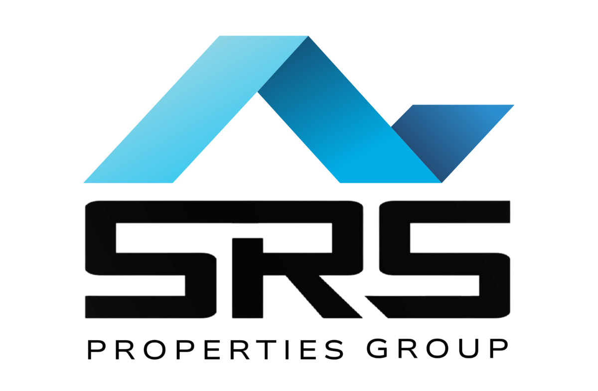 SRS Properties Group logo with blue geometric roof shape and black text