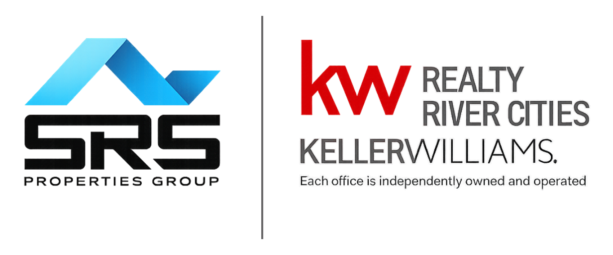 A split logo for SRS Properties Group and Keller Williams Realty River Cities, separated by a vertical line.