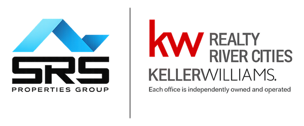 A split logo for SRS Properties Group and Keller Williams Realty River Cities, separated by a vertical line.