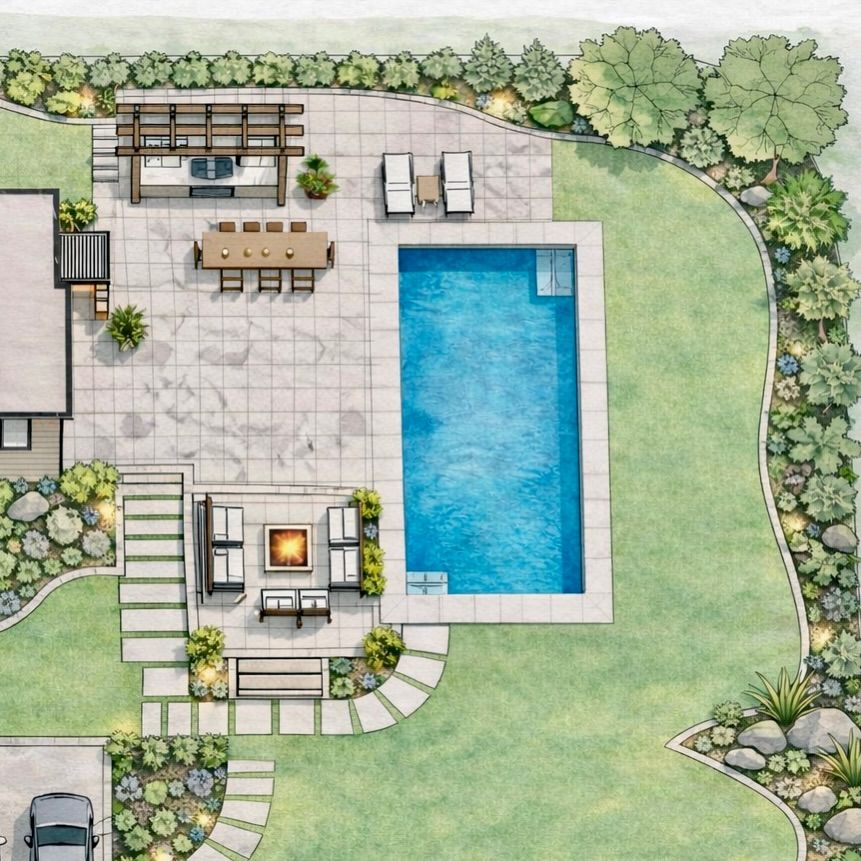 Laptop displaying house architectural drawing on wooden table outdoors.