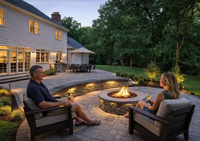 Couple seated by a fire pit on a patio beside a lit house at dusk