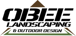 Logo for Obee Landscaping & Outdoor Design; black, bold text with brown and green accenting shapes.