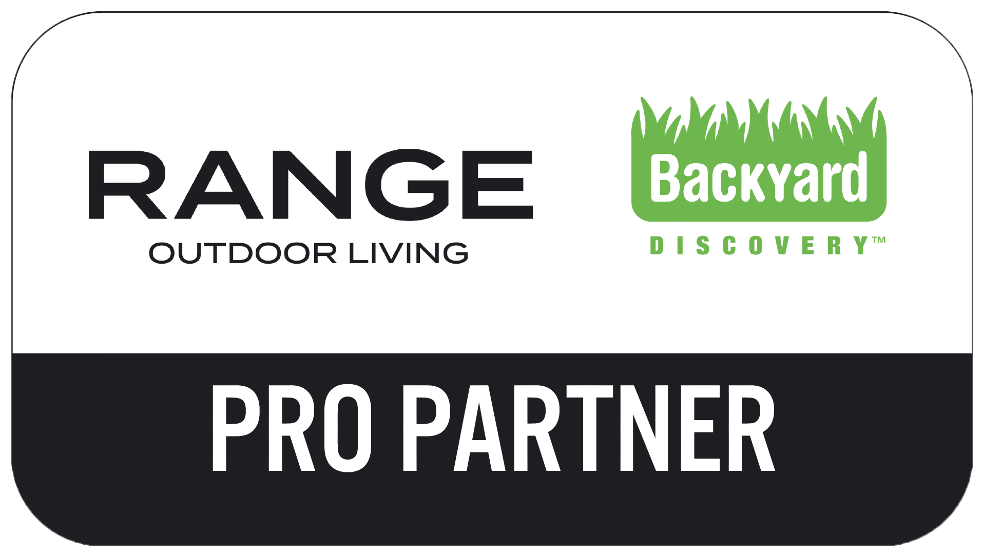 Range Outdoor Living and Backyard Discovery Pro Partner logo on white and black background