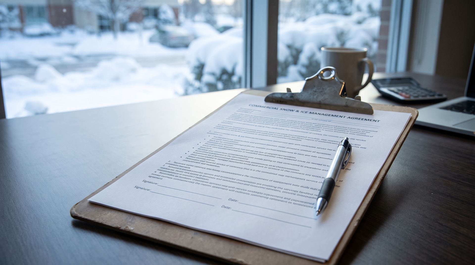 Clipboard with printed pages and a pen on a desk by a snowy window
