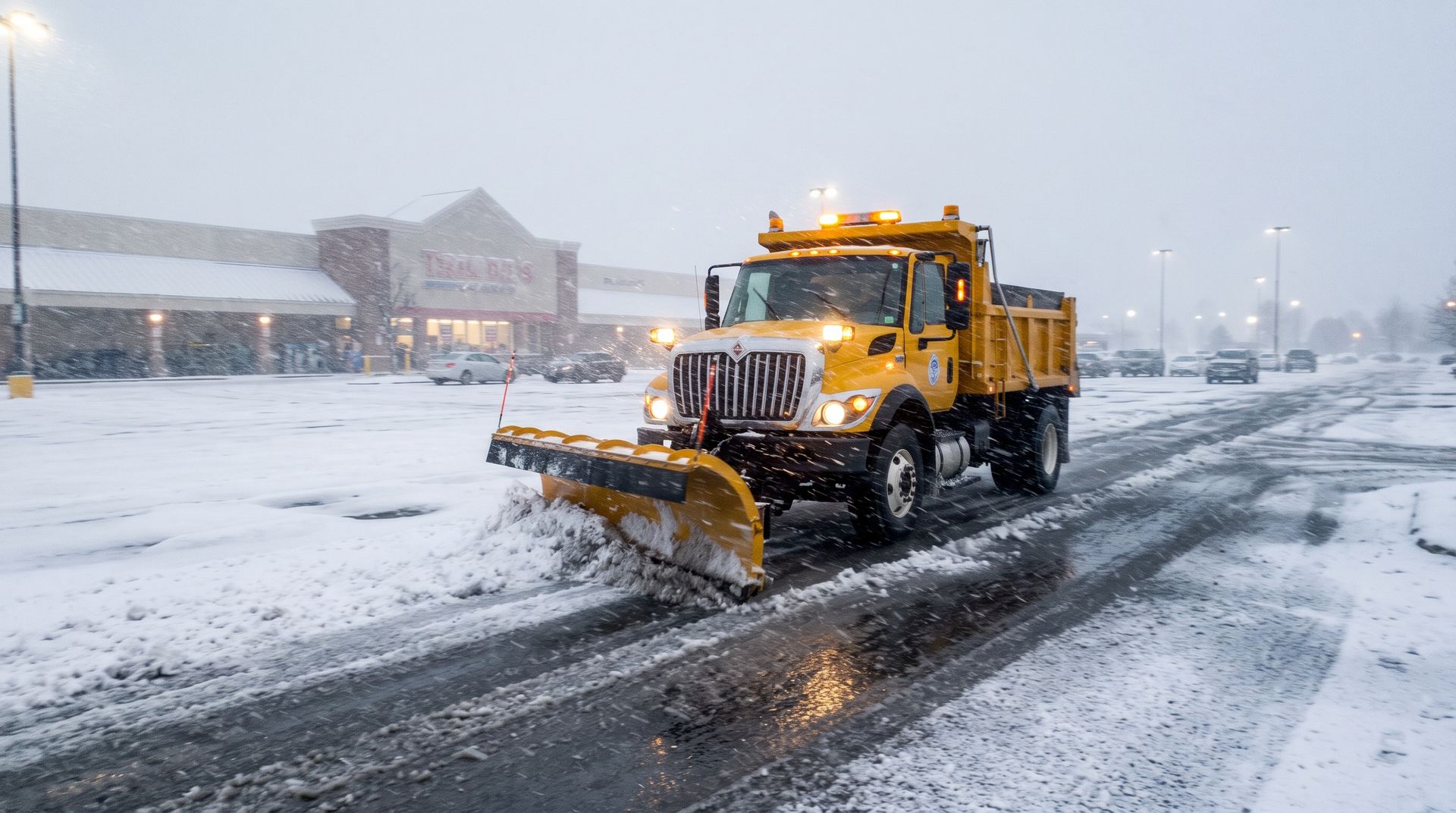 Yellow snowplow clearing a snowy parking lot in front of a store during a blizzard