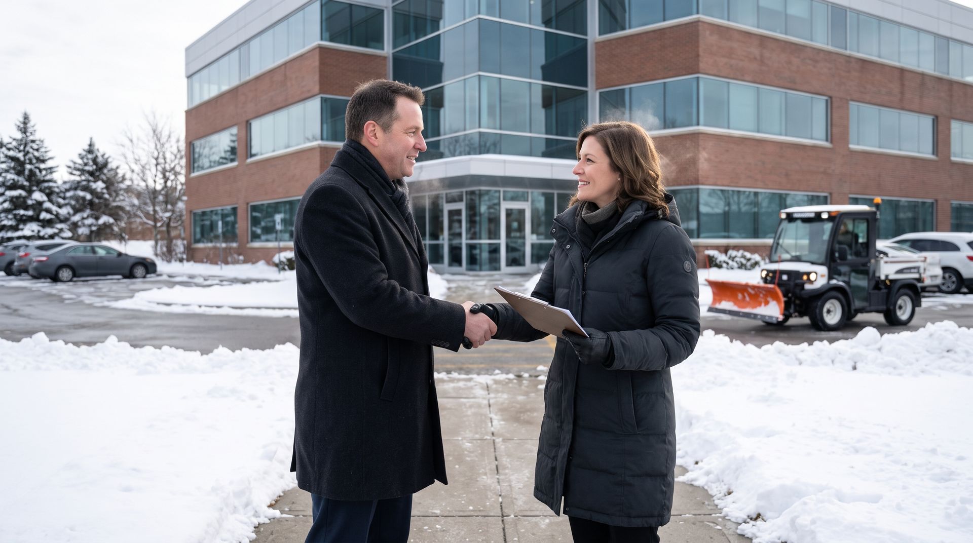 Two people shake hands outside a brick office building in the snow.