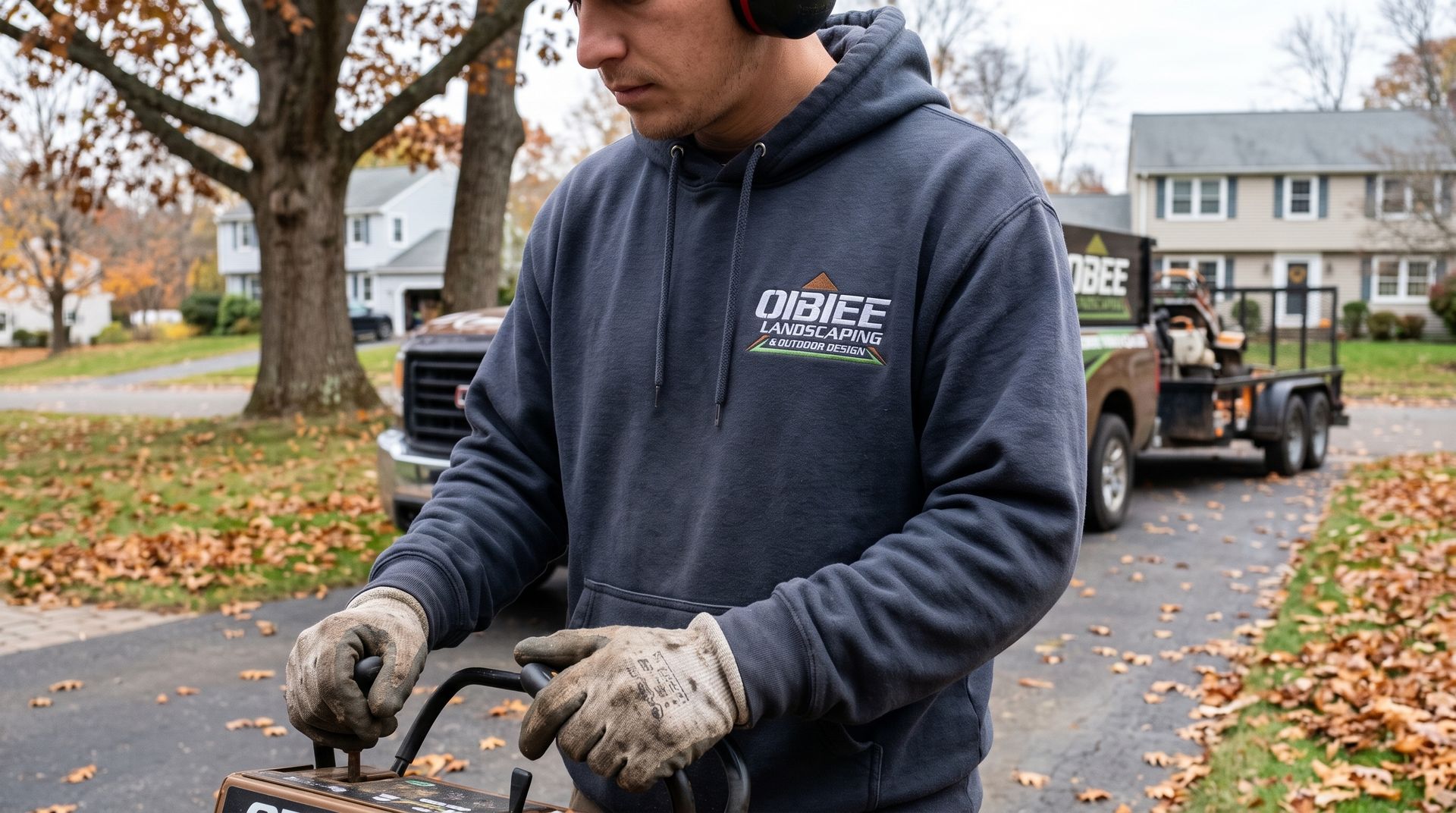 Worker in gloves handling equipment on a suburban street beside a utility truck in autumn.