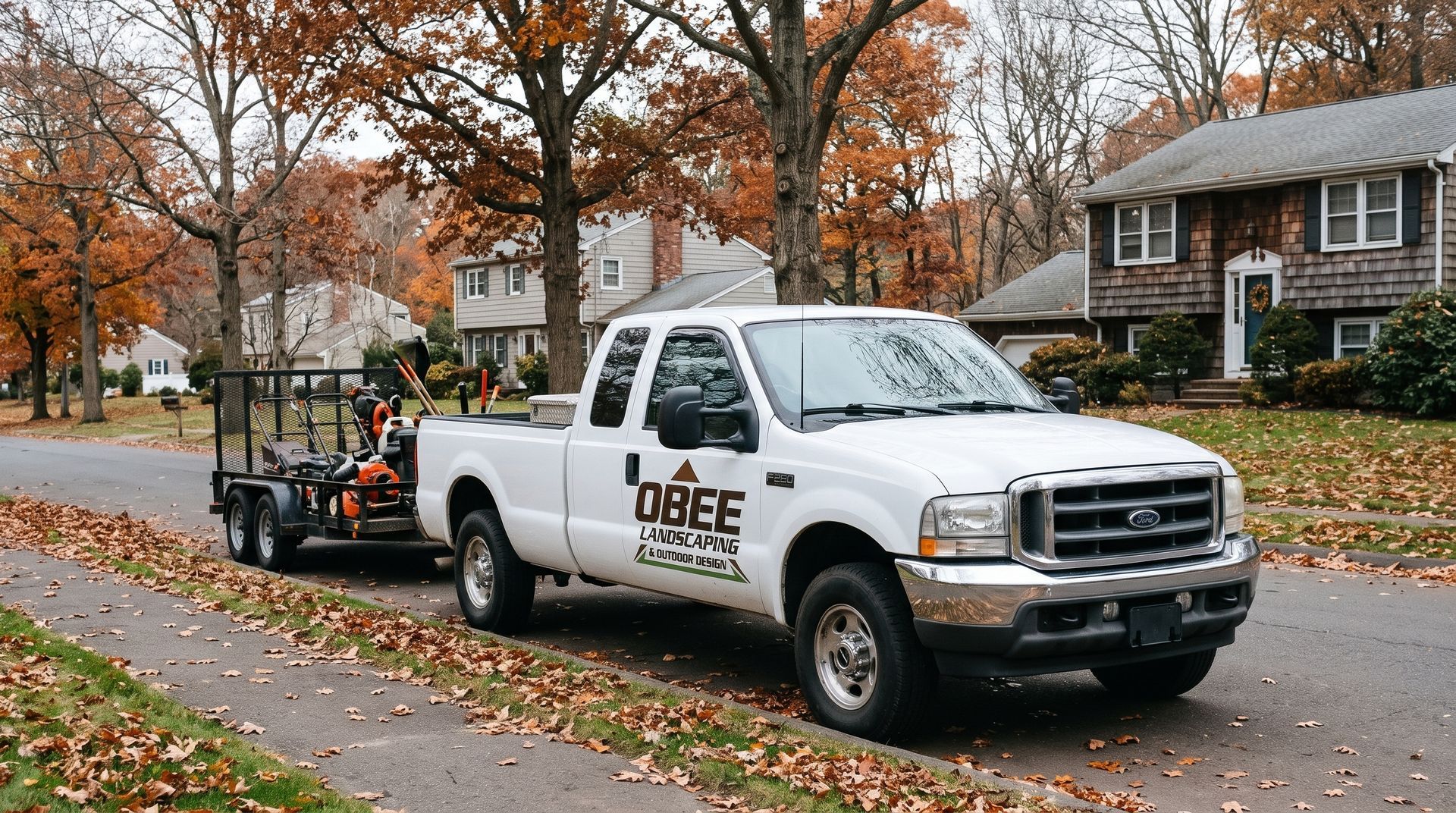 White service truck with trailer on a leafy suburban street in autumn