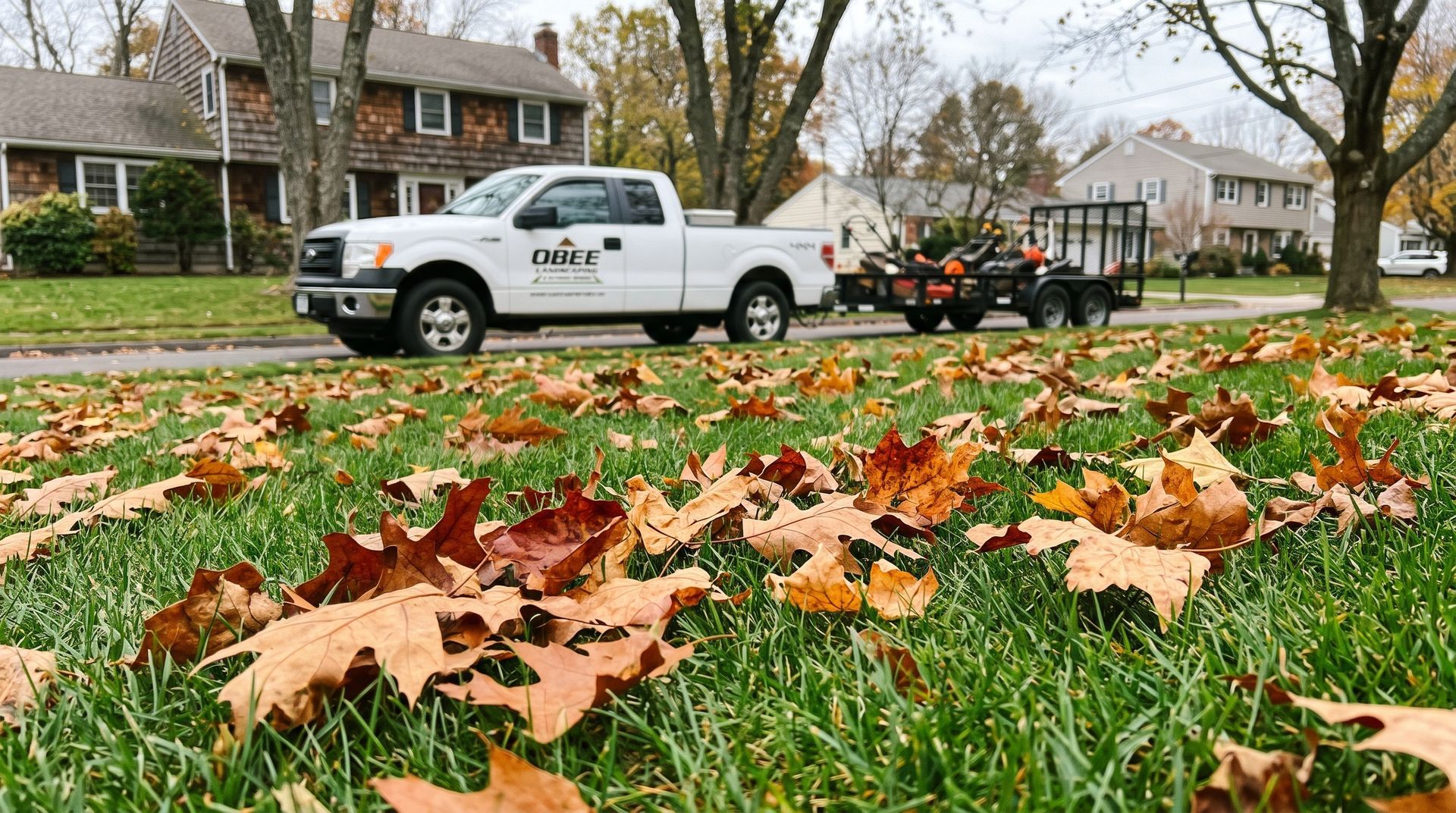 White utility truck parked on a leaf-covered suburban street in front of houses and trees