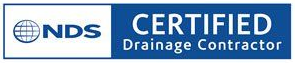 NDS Certified Drainage Contractor logo. Blue banner with white text and a globe icon.